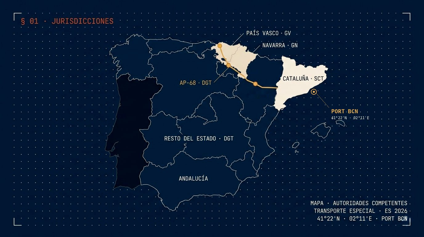 Mapa esquemático de la Península Ibérica con las jurisdicciones de tráfico para autorizaciones de transporte especial tras la reforma del 1 de mayo de 2024. Cataluña en bone (SCT — Servei Català de Trànsit), País Vasco y Navarra en bone-warm (Dirección de Tráfico del Gobierno Vasco y Servicio de Tráfico del Gobierno de Navarra), corredor AP-68 en amber atravesando País Vasco y Navarra como excepción competencial de la DGT, resto del Estado en navy (DGT). Anclaje de origen en Port de Barcelona (41°22'N · 02°11'E).