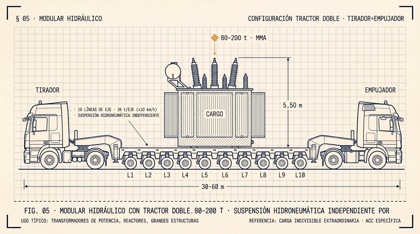 Diagrama lateral de un remolque modular hidráulico en configuración de tractor doble: tractor tirador en cabeza y tractor empujador en cola, ambos europeos cabover de 5 ejes. El remolque modular tiene 10 líneas de eje numeradas L1 a L10, cada una con suspensión hidroneumática independiente y capacidad de hasta 36 toneladas por línea de eje a baja velocidad (≤10 km/h). Longitud total del conjunto 30-60 m. La carga ilustrada es un transformador eléctrico de potencia con 5 columnas de aisladores cerámicos (bushings de alta y baja tensión) en la parte superior y altura de 5,50 m. Masa máxima autorizada del conjunto: 80-200 toneladas. Configuración para carga indivisible extraordinaria que requiere ACC específica. Uso típico: transformadores de potencia, reactores, grandes estructuras industriales.